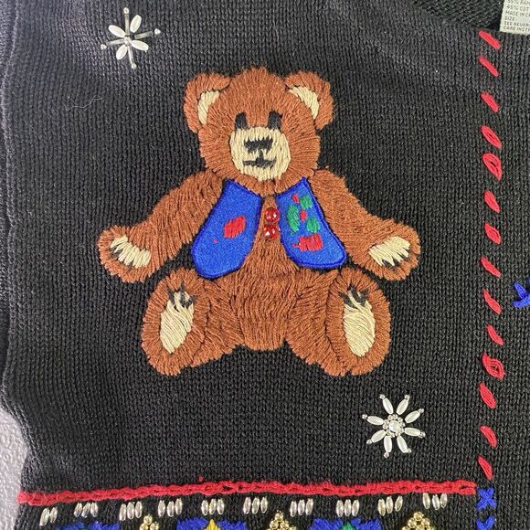 Vtg VICTORIA JONES Tunic Sweater Beaded Ugly Christmas Holiday Womens M Black - Picture 8 of 12